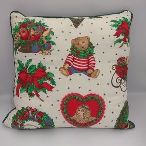 Vintage Handmade Joan Kessler Christmas Peppermint Teddy Bear 16" Square Pillow